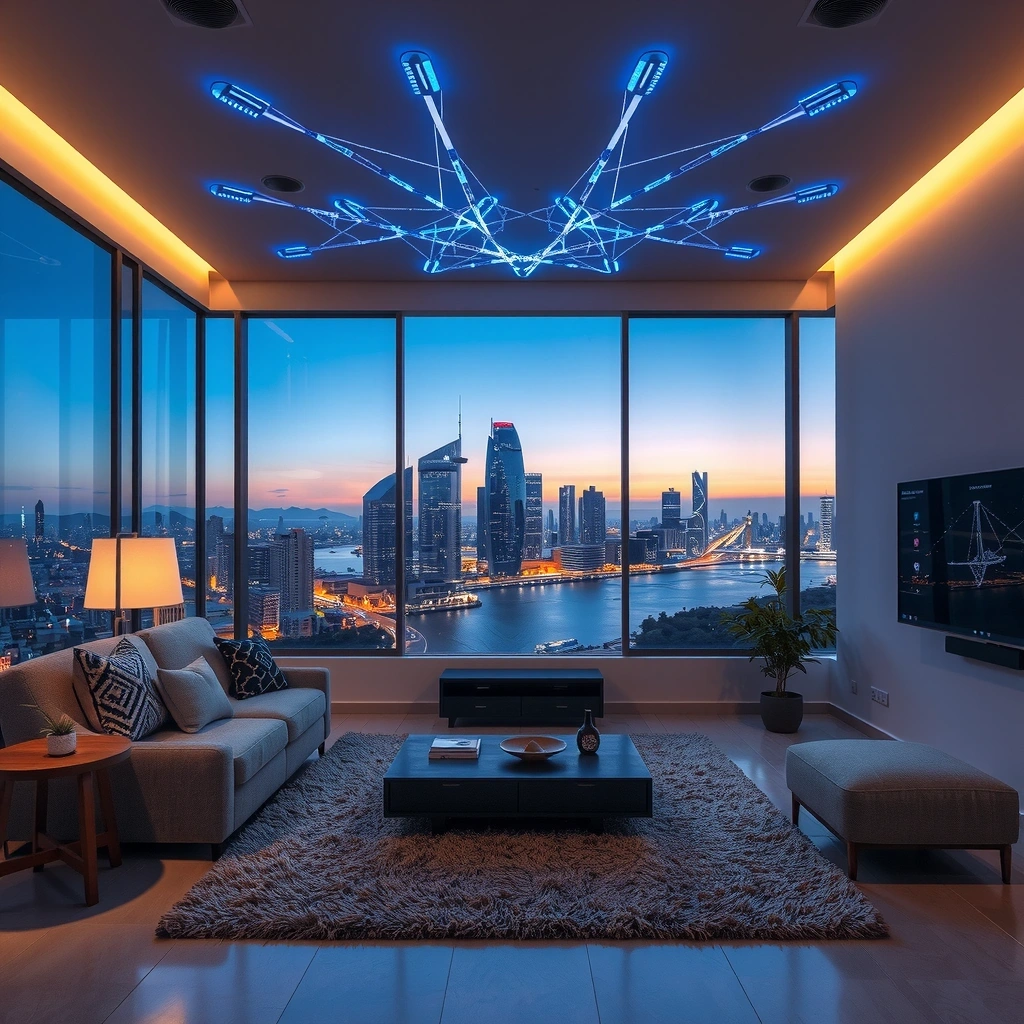 Modern living room with high-speed internet setup